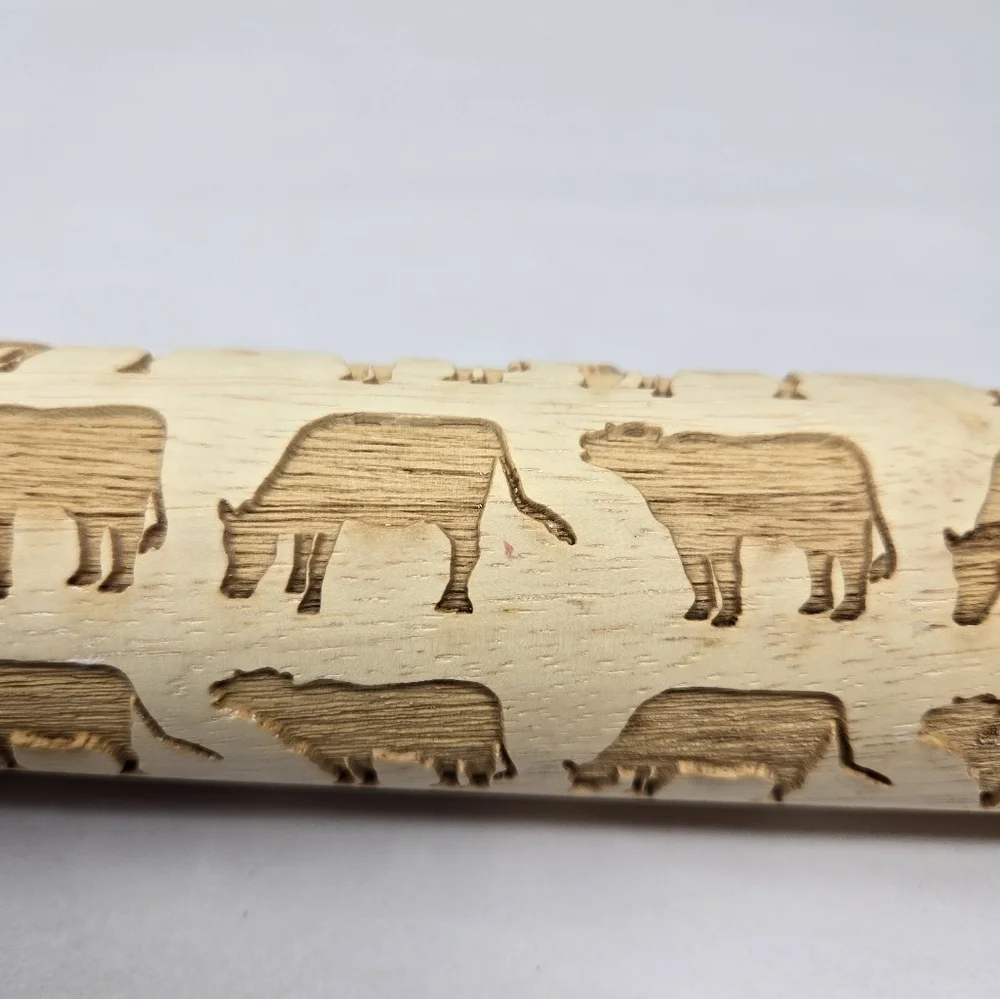 Sweet Rolling Pins Wooden Engraved Cows Shapes Imprints Cow Design Into Dough